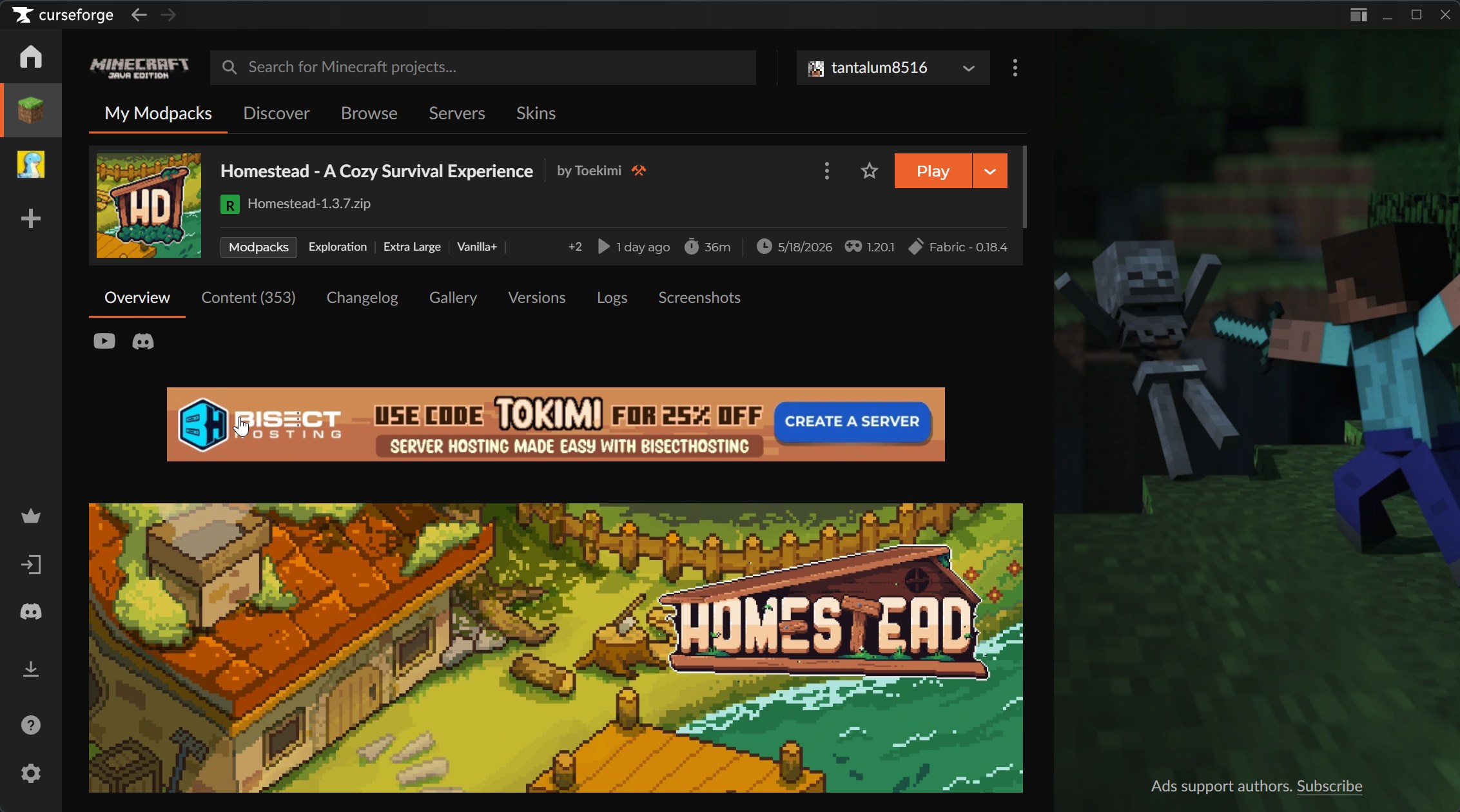 CurseForge profile page for Homestead